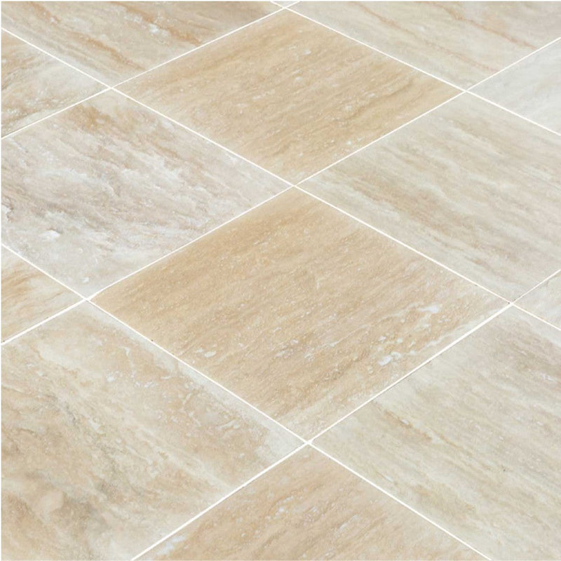 vein cut classic travertine tile size 16"x16" surface polished filled edge straight SKU-20012419  Close-up shot of product.
